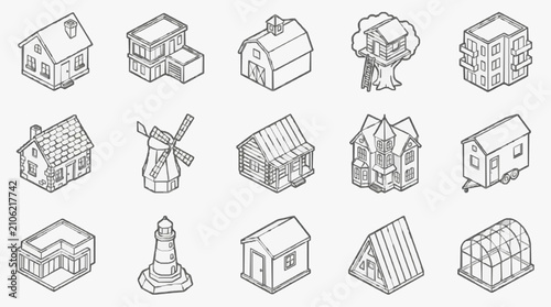 Foto Corporate Collection of Black and White Isometric Sketches Showcasing Various Bu