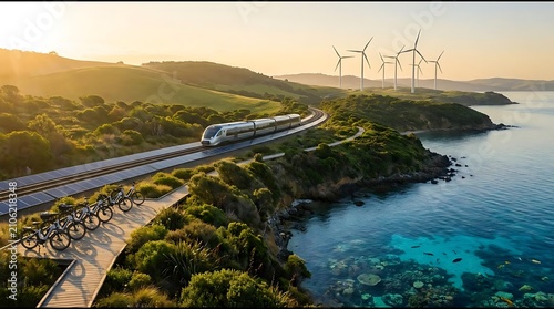 High-speed train traveling along coastal track with wind turbines.