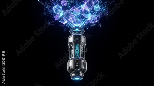 A metallic cylindrical beacon tower projecting a bright hologram of geometric network shapes into dark space.