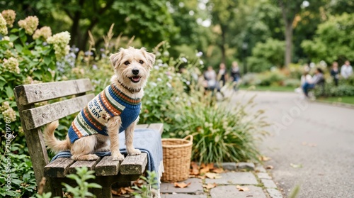 Small dog wearing a knit sweater on a park bench. Cute puppy celebrating International Dog Day outdoors