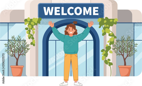 Friendly woman waving hello at building entrance. Person welcoming guests to modern office.