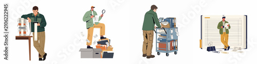 Konstfotografi Illustrations of a man handling administrative tasks including auditing receipts, organizing files, delivering mail, and reviewing large ledgers in an office setting