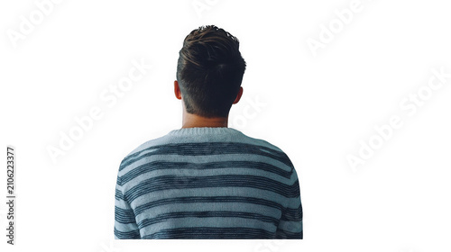 Rear view of young man wearing striped sweater with hair wearing casual on transparent background