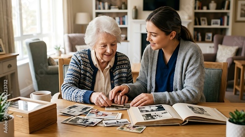 Caregiver and elderly woman sit together at a wooden table while looking through a collection of vintage photographs to reminisce about cherished memories in a cozy living room setting.