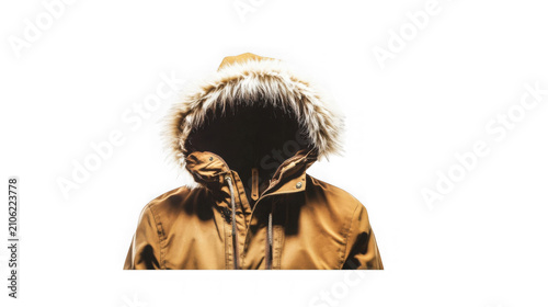 Brown winter parka with fur hood with showcases mustard colored, fur on transparent background