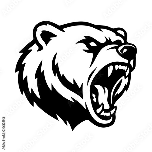 A black and white vector illustration of an angry roaring bear head with an open mouth showing sharp teeth, isolated on a white background.
