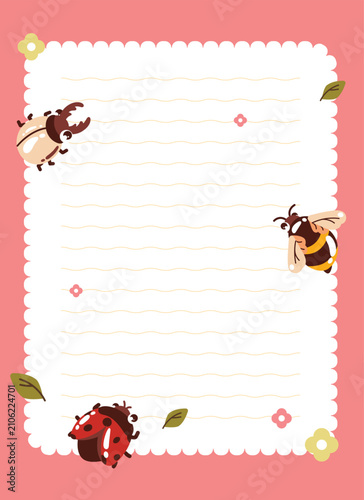 Cute insect stationery set featuring lined background with cartoon bugs