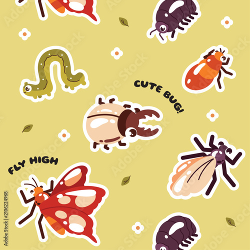 Cute insect stationery set featuring seamless pattern