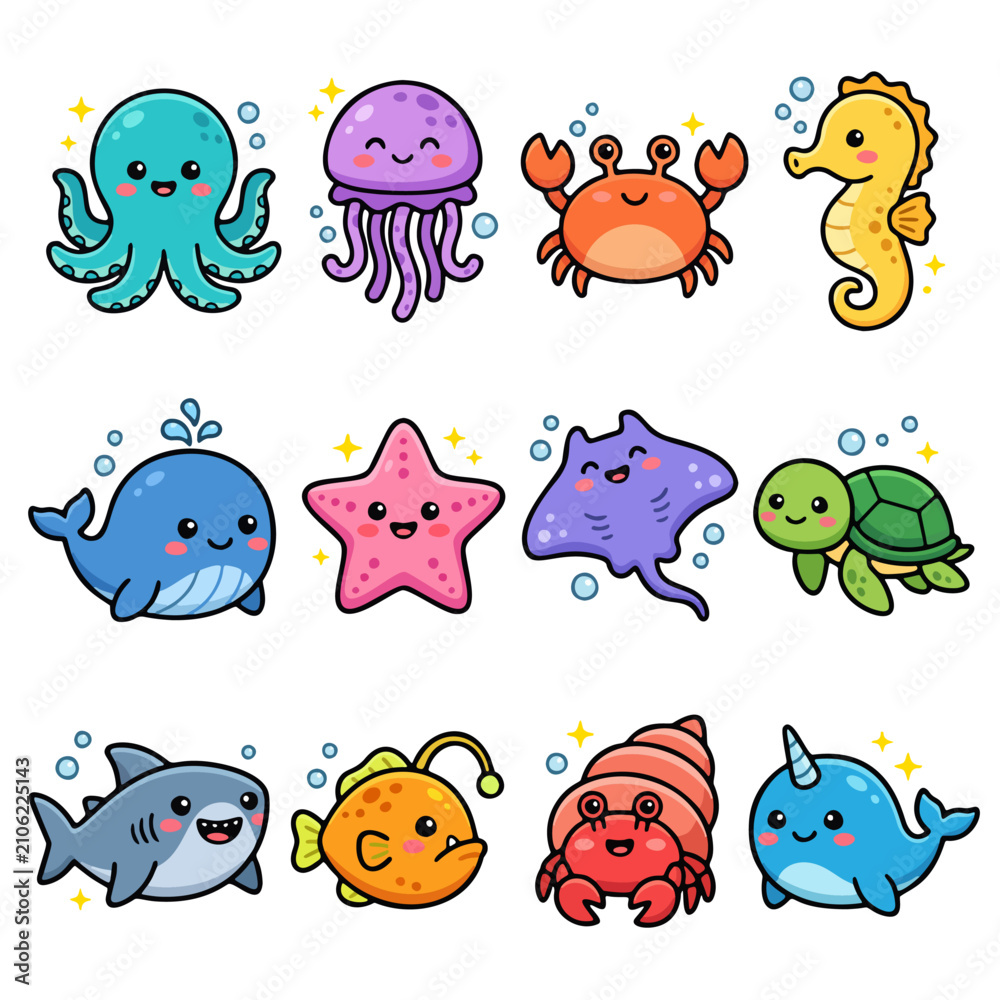 Fototapeta premium Cute colorful cartoon sea animals collection with bubbles and sparkles.