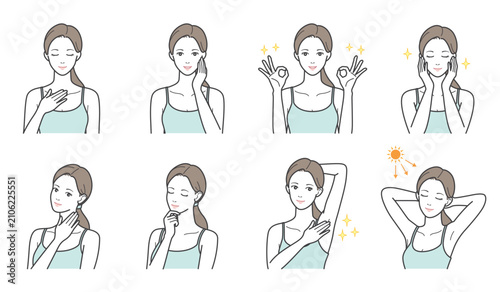 女性のボディケアと脱毛・スキンケアのイラスト8点セット（ワキ・首元・両手OK・UV対策）