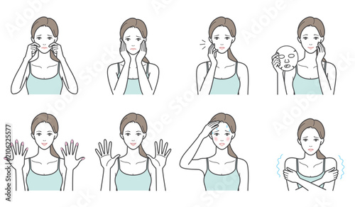 女性のパーツケアと体の悩みのイラスト8点セット（ネイル・シートマスク・たるみ・汗・冷え）