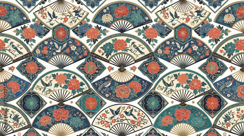 Seamless vintage pattern with decorative folding fans and flowers