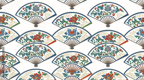 Seamless vintage pattern with oriental folding fans and floral ornaments