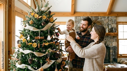 Happy family decorating Christmas tree in cozy home.