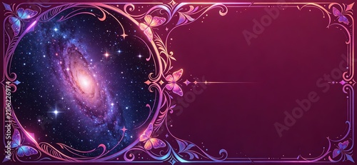 Decorative Ornate Frame Purple Galaxy Luminous Butterflies Elegant Background 4K
