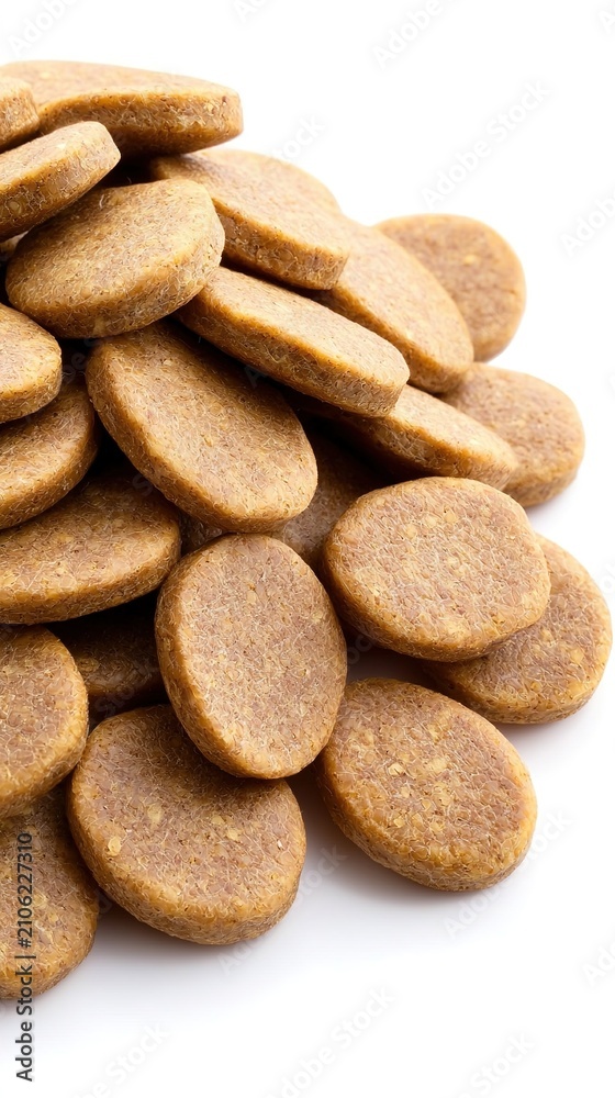 Obraz premium A pile of round brown dog food kibbles on a white background