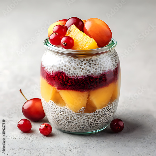 Layered chia seed pudding with fresh kiwi mango and berries in glass jar