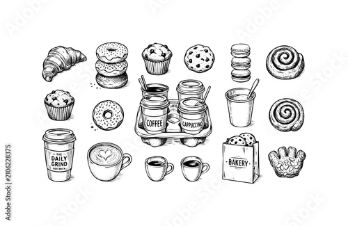 Hand drawn coffee and bakery set. Sketch collection of pastries and hot drinks.