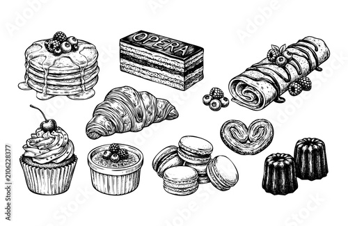 Hand drawn bakery set. Sketch collection of delicious desserts and sweet pastries.