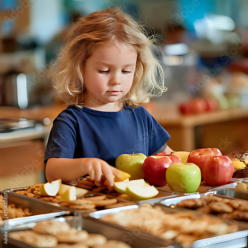 Young blond boy choosing apples from healthy school lunch tray in classroom
