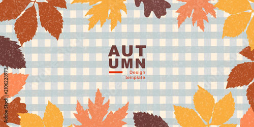 Konstfotografi Autumn background banner with textured fall leaves on a blue gingham plaid pattern