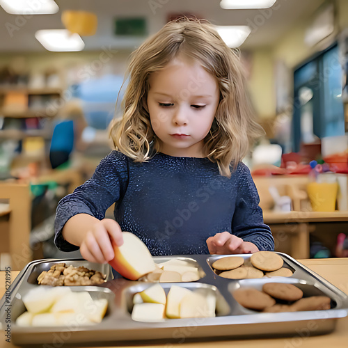 Young blond boy choosing apples from healthy school lunch tray in classroom