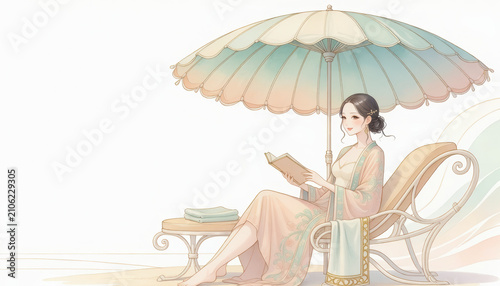 Elegant woman parasol lounge chair pastel reading book robe relaxing outdoor serene peaceful summer illustration