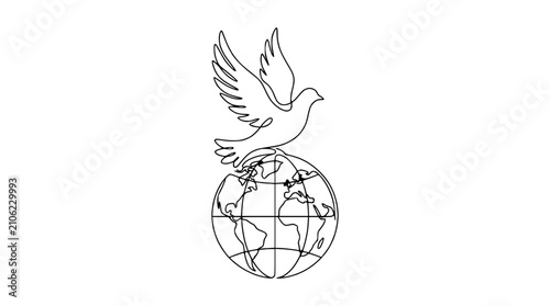 Bild auf Leinwand Continuous line drawing of a dove flying above planet Earth, symbolizing peace and global unity