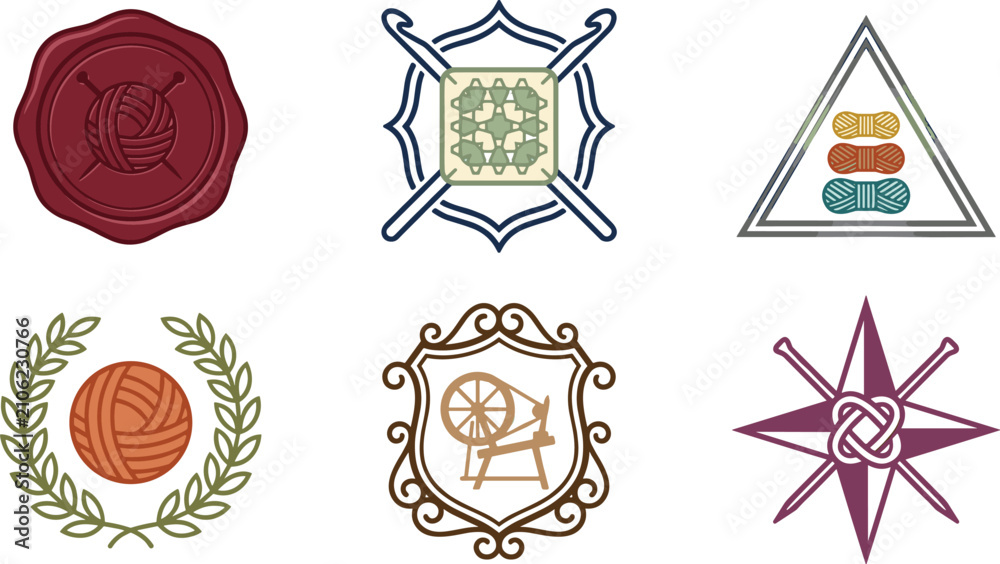 Fototapeta premium Elegant Premium Knitting and Craft Emblem Set with Wax Seal, Granny Square, Triangle Thread Stack, Laurel Wreath, Spinning Wheel Shield, and Compass Star Logos