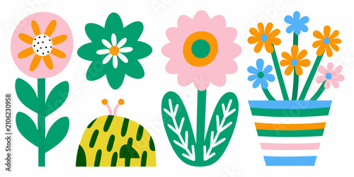 Obraz na płótnie simplified flowers with bold colors geometric vector petals leaves stem striped