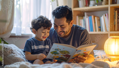 Father and son enjoying story time in a cozy home library, celebrating family bonding, childhood learning, positive parenting, literacy, and warm everyday moments.