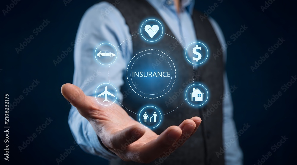 Fototapeta premium Businessman hand holding digital insurance icons representing financial protection options with holographic interface insurance