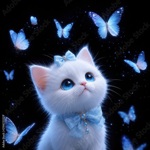 Cute white kitten with blue bow looking at glowing blue butterflies