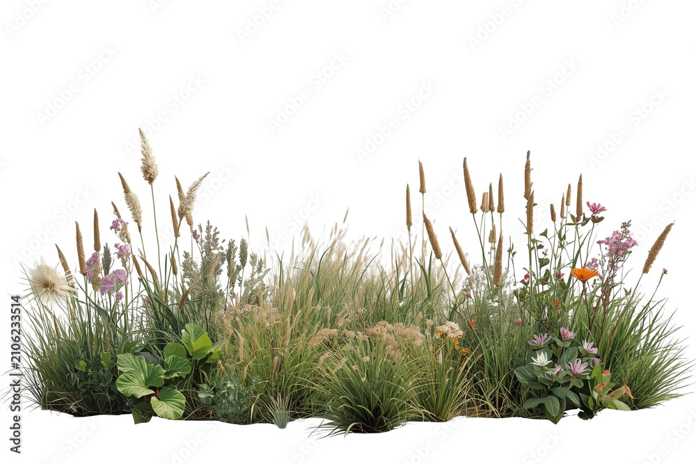 Fototapeta premium Decorative garden border with various ornamental grasses, wildflowers, and green foliage on transparent background