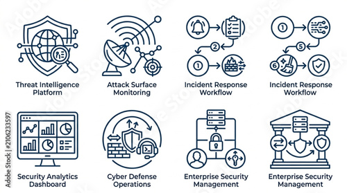 Cybersecurity concepts and threat intelligence icons set.