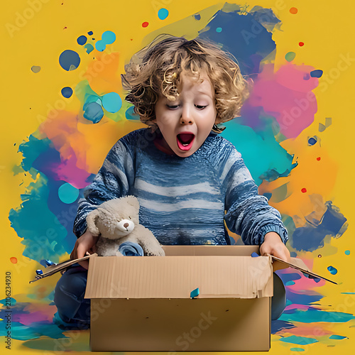 Excited young boy opening cardboard box with colorful stickers on yellow background