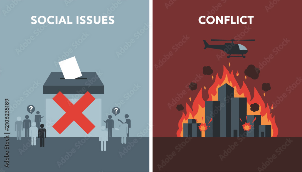 Obraz premium Comparative graphic showing social issues with a rejected voting ballot and conflict depicting a burning city under helicopter attack.