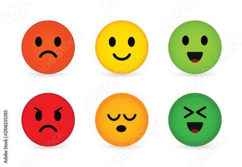 Cuadro en lienzo Six colorful smiling face emoticons with various expressions on a white backgrou