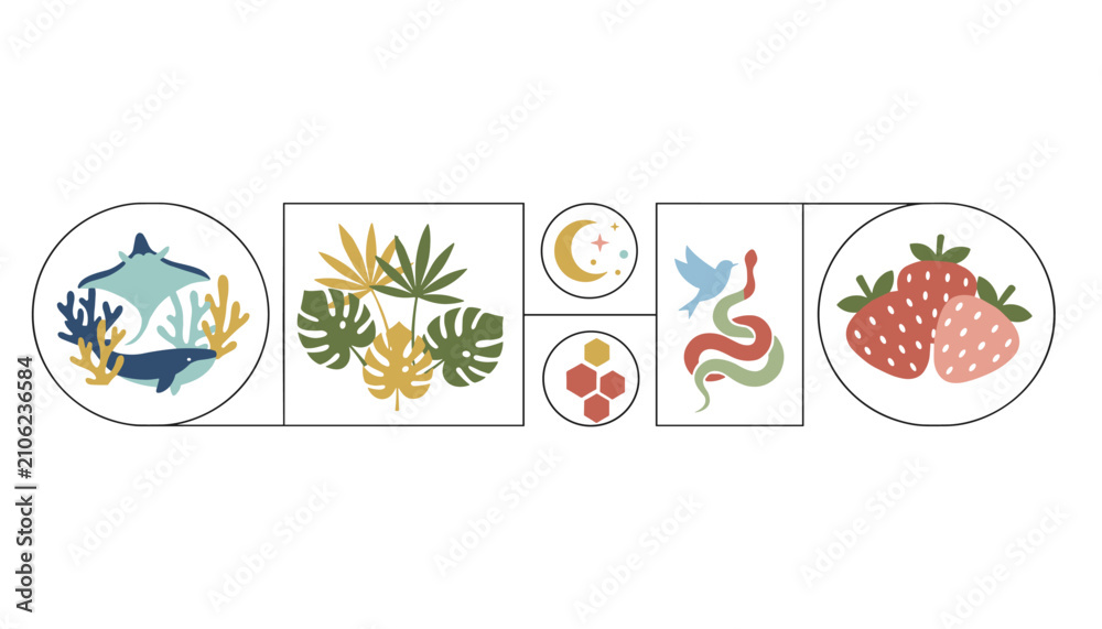 Fototapeta premium Minimalist bohemian art prints set featuring sea life, tropical leaves, moon phase, snake, and strawberries.