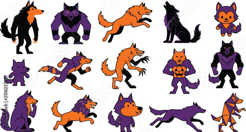Foto Cartoon werewolves and wolves in Halloween colors