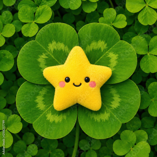 Cute yellow star character resting on a green four leaf clover