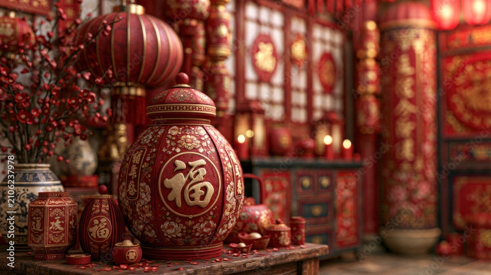 Fototapeta premium Intricately decorated red ceramic jar with Chinese calligraphy surrounded by traditional lanterns and ornamental items in richly adorned cultural setting