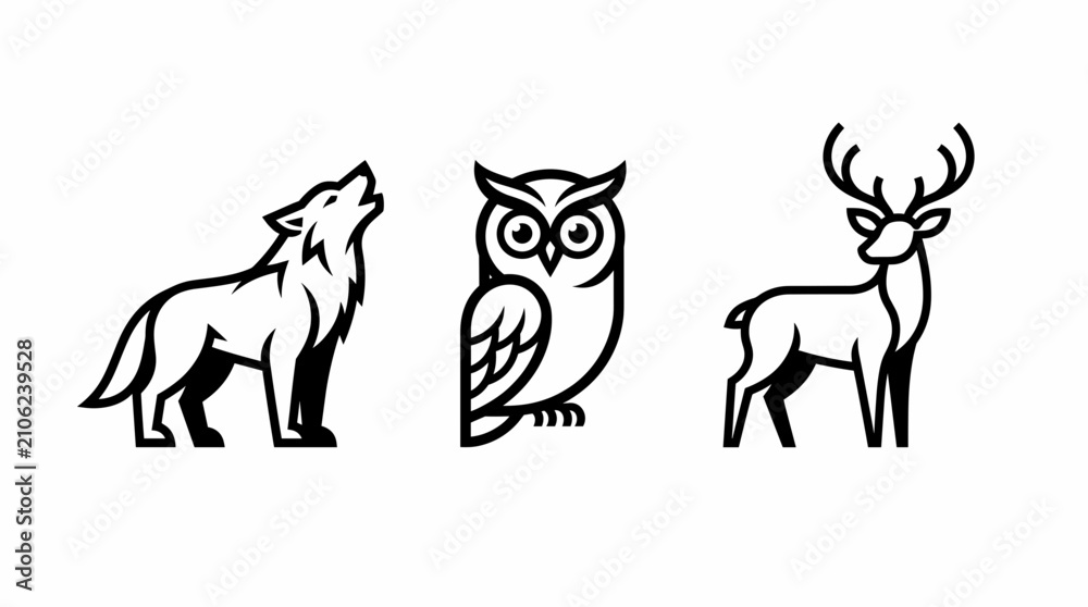 Obraz premium Wild Animal Outline Icons Set Black Line Vector on White Background