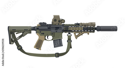 Modern tactical assault rifle with optical scope and suppressor vector illustration