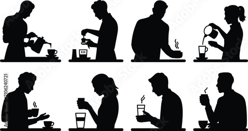 Cuadro en lienzo Silhouettes of people preparing and drinking beverages including coffee, tea, wa