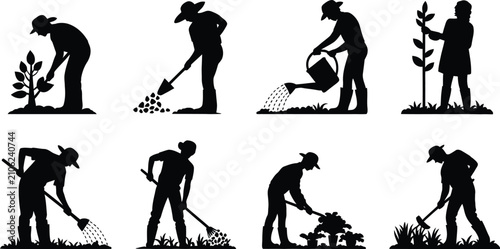 Slika na platnu Silhouettes of people gardening, planting, watering, digging, raking, and nurtur