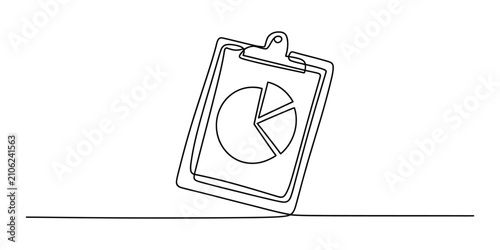 Continuous line drawing of a clipboard with a pie chart