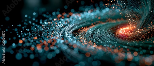 Futuristic abstract high-tech background featuring beautifully glowing blue and orange particles and flowing lines, reminiscent of cosmic swirls and data streams, panoramic design.