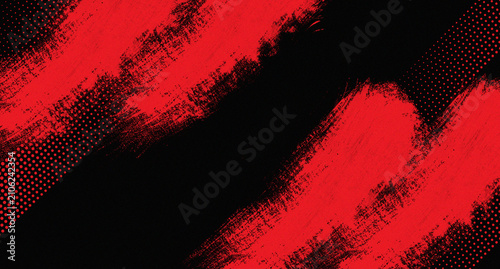 Abstract Red and Black Grunge Brush Stroke Background with Halftone Pattern and Copy Space