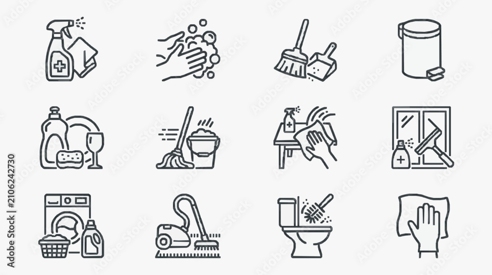 Fototapeta premium Industrial Minimalist Line Icons Set Showcasing Cleaning and Household Maintenance Activities in Black and White